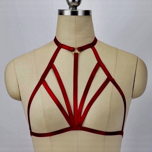 New! Wine Halter Strap Cage Bra - Picture 2 of 6